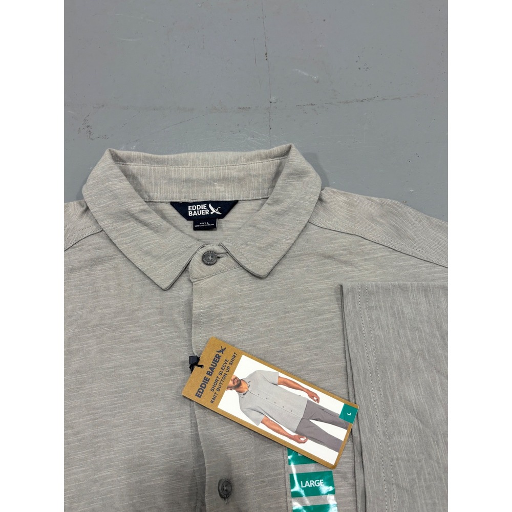 Eddie Bauer Mens Short Sleeve Knit Button‎ Up Shirt Gray Slub Pocket Large NWT